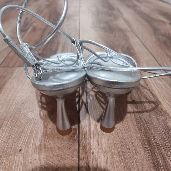 Anthropologie Silver Strappy Sandal Heels - Picture 6 of 11